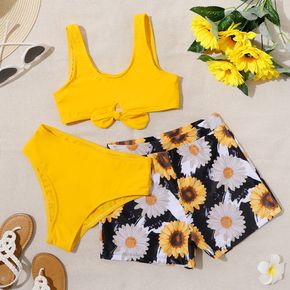 3pcs Kid Girl Bowknot Design Top, Briefs and Floral Print Short-sleeve Swimsuit Set