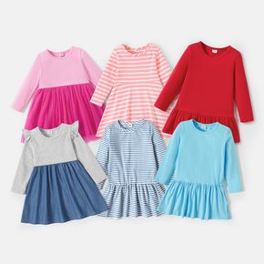 Toddler Girl Long-sleeve Colorblock Stripe and Mesh Cotton Dress
