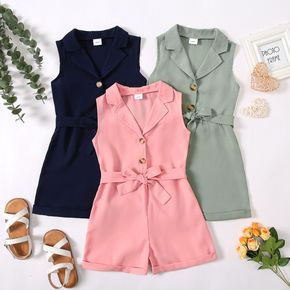 Kid Girl Solid Color Button Design Notched Collar Sleeveless Belted Rompers Jumpsuits Shorts