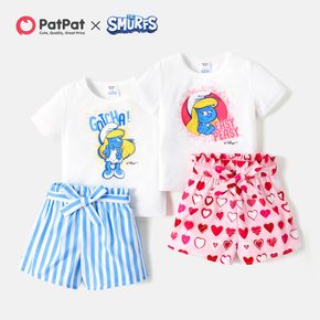 Schlümpfe 2-teiliges Kurzarm-T-Shirt mit Buchstabenaufdruck für Kinder und Mädchen mit Gürtel-Shorts mit Herz-/Streifendruck