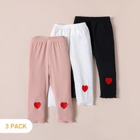 3-Pack Toddler Girl 100% Cotton Heart Embroidered Solid Color Ribbed Elasticized Leggings