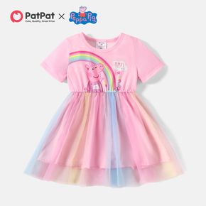 Peppa Pig Toddler Girl Rainbow Print Mesh Splice Mid Waist Short-sleeve Dres