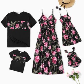 Family Matching All Over Floral Print V Neck Spaghetti Strap Dresses and Splicing Short-sleeve T-shirts Sets