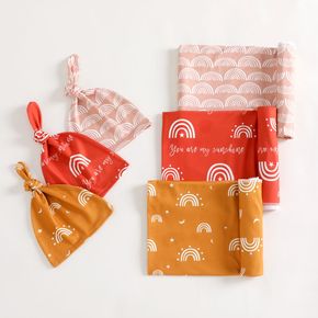 2-pack Rainbow Print Newborn Swaddle Receiving Blanket Baby Sleeping Bag Swaddles Wrap Blanket and Hat Set