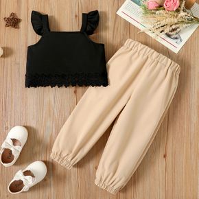 2pcs Toddler Girl Ruffled Lace Design Black Camisole and Elasticized Khaki Pants Set