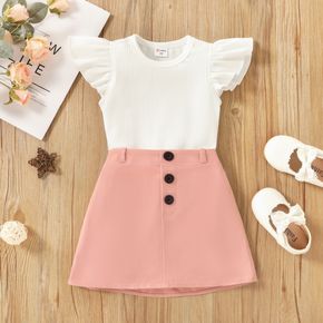 2pcs Toddler Girl Ribbed Flutter-sleeve White Tee and Button Design Pink Skirt Set