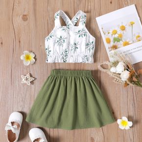 2pcs Toddler Girl Floral Leaf Print Crisscross Back Camisole and Green Skirt Set