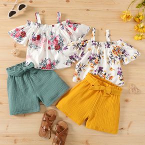 2pcs Kid Girl Floral Print Ruffled Off Shoulder Short-sleeve Strap Blouse and Belted Shorts Set