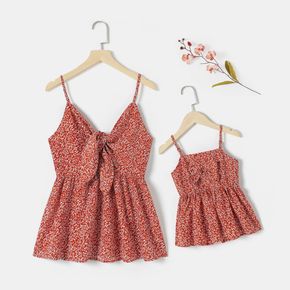 All Over Red Floral Print V Neck Spaghetti Strap Tops for Mom and Me