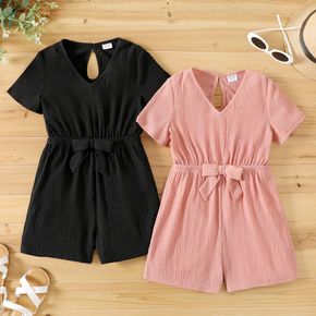 Kid Girl Solid Color Bowknot Design Crepe Short-sleeve Rompers