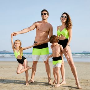 Family Matching Textured Colorblock Swim Trunks Shorts and Spaghetti Strap V Neck One-Piece Swimsuit