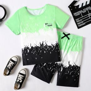 2pcs Kid Boy Gradient Color Colorblock Short-sleeve Tee and Elasticized Shorts Set