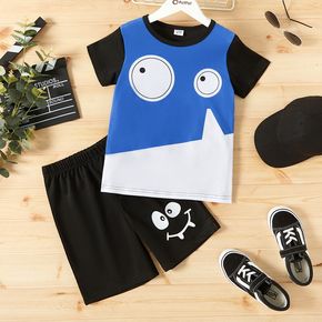 2pcs Kid Boy Emojis Print Colorblock Short-sleeve Tee and Black Shorts Set
