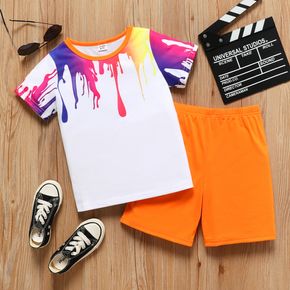 2pcs Kid Boy Painting Print Short-sleeve Tee and Orange Shorts Set
