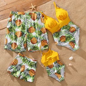 Family Matching All Over Tropical Plants Print Splicing Spaghetti Strap One-Piece Swimsuit and Swim Trunks Shorts