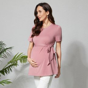 Maternity Simple Solid Belted Short-sleeve Tee