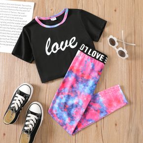 2pcs Kid Girl Letter Print Crop Top and Tie Dyed Leggings Set