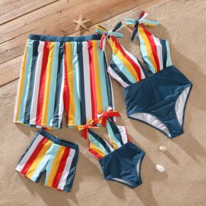 Family Matching Colorful Striped Deep V Neck Splicing One-Piece Swimsuit and Swim Trunks Shorts