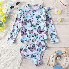2pcs Kid Girl Butterfly Print Long-sleeve Top and Briefs Swimsuit Set