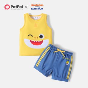 Baby Shark 2pcs Toddler Boy/Girl Tank Top and Striped Letter Print Cotton Denim Shorts Set