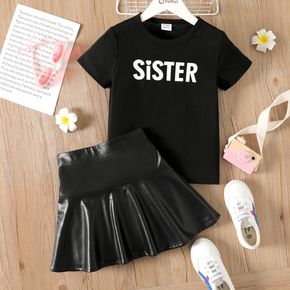 2pcs Kid Girl Letter Print Short-sleeve Black Tee and PU Faux Leather Skirt Set