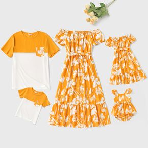 Famille assortie à imprimé floral jaune robes à manches bouffantes à épaules dénudées et ensembles de t-shirts à manches courtes colorblock