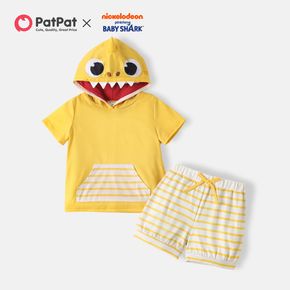 Baby shark 2 peças infantil menino/menina listrado design de bolso com capuz manga curta camiseta amarela e conjunto de shorts bowknot design