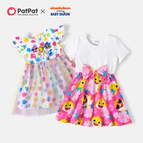 Baby Shark Toddler Girl Bowknot Design/Mesh Short-sleeve/Flutter-sleeve Dress