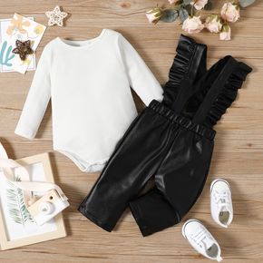 2pcs Baby Girl Solid Long-sleeve Romper and Faux Leather Ruffle Overalls Set