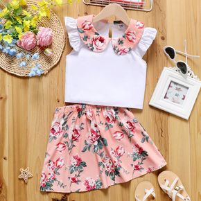 2-piece Kid Girl Doll Collar Flutter-sleeve White Tee and Floral Print Pink Skirt Set