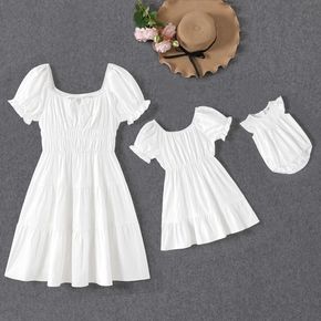 100% Cotton White Puff-sleeve Shirred Tiered Dress for Mom and Me