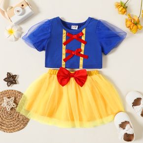 2pcs Baby Girl Princess Outfits Short-sleeve Bowknot Top and Mesh Skirt Set