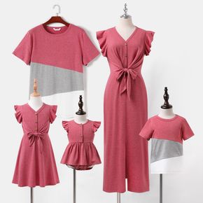Family Matching Solid Ruffle-sleeve V Neck Knot Front Split Dresses and Colorblock Short-sleeve T-shirts Sets