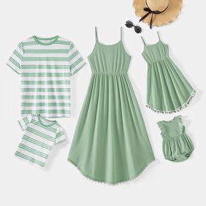 Family Matching Green Textured Spaghetti Strap Pom Poms Dresses and Striped Short-sleeve T-shirts Sets