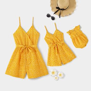 All Over Floral Print Yellow V Neck Spaghetti Strap Belted Romper for Mom and Me
