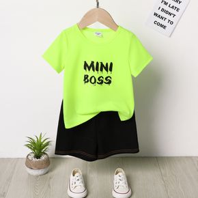 2pcs Toddler Boy Letter Print Short-sleeve Green Tee and Black Shorts Set