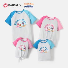 Passende T-Shirts mit Cartoon-Haifisch und Buchstabendruck der Babyhai-Familie mit Raglanärmeln