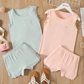 2pcs Kid Girl 100% Cotton Solid Color Floral Embroidered Sleeveless Tee and Lettuce Trim Shorts Set
