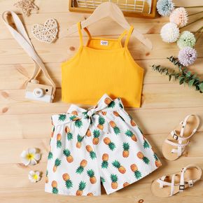 2pcs Kid Girl Ribbed Yellow Camisole and Pineapple Print Belted Shorts Set