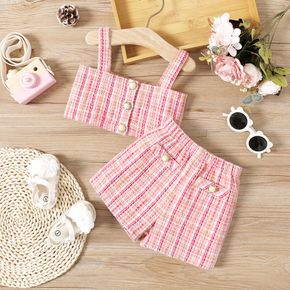 2pcs Baby Girl Button Front Pink Tweed Cami Top and Shorts Set