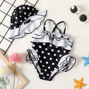 2pcs Baby Girl Polka Dots Spaghetti Strap Layered Ruffle One-Piece Swimsuit with Swim Cap Set
