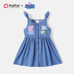 Peppa Pig Toddler Girl Floral Print Button Design Sleeveless Denim 100% Cotton Cotton Dress