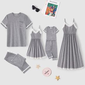 Family Matching Grey Spaghetti Strap Lace Nightgown and Short-sleeve Pajamas Sets (Flame Resistant)