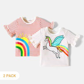 2-Pack Toddler Girl Stripe Rainbow Print/Unicorn Ruffled Short-sleeve Tee