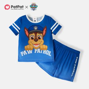 Paw Patrol 2-teiliges Set mit gestreiftem, kurzärmligem, blauem T-Shirt und elastischen Shorts für Kleinkinder und Jungen mit Buchstabenaufdruck