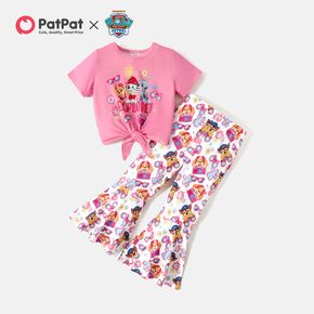 Paw Patrol 2-teiliges Kleinkind-Mädchen-Blumendruck-Krawattenknoten-Kurzarm-Rosa-T-Shirt und ausgestellte Hosen