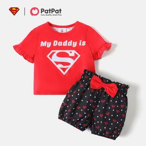 Superman 2pcs Toddler Girl Ruffled Short-sleeve Red Tee and Bowknot Design Heart Print Shorts Set