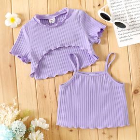 2pcs Kid Girl Lettuce Trim Ribbed Purple Camisole and Crop Top Set