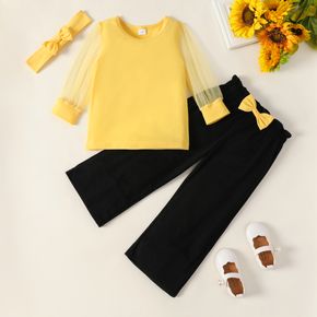 Ray Of Sunshine Toddler Girl Mesh Splice Long-sleeve Yellow Top and Bow Decor Black Pants with Headband Set