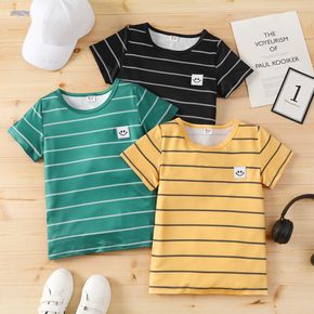 Kid Boy Stripe Face Graphic Embroidered Short-sleeve Tee